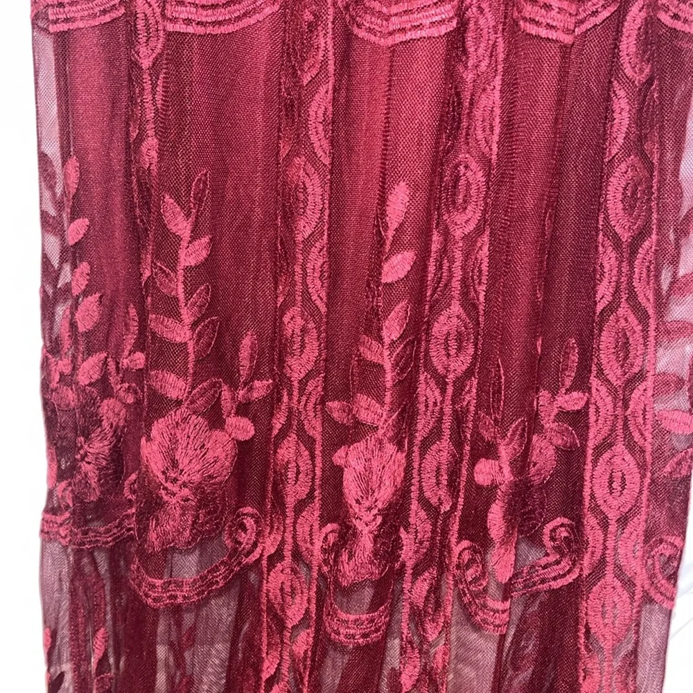 BELLA ELLA BOUTIQUE XL Light My Fire Deep V Neck Lace Wine Maxi Dress - Picture 8 of 16